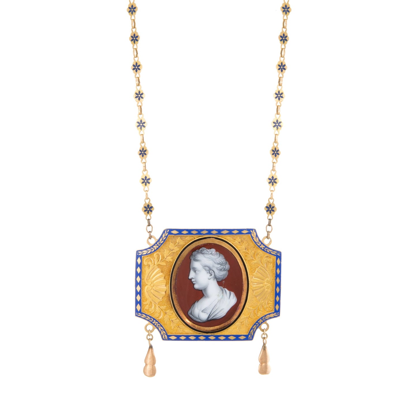 Antique Mid Victorian Necklace Enamel Cameo Portrait 14k Yellow Gold 16 Flower