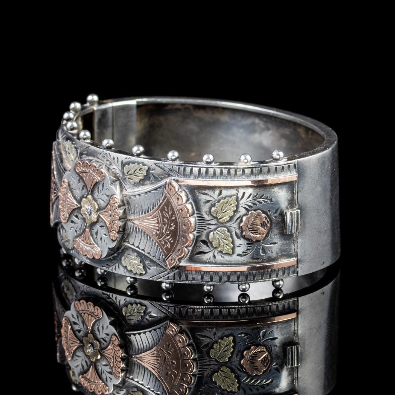 Antique Victorian Engraved Floral Bangle Silver Gold Bracelet Circa 1900