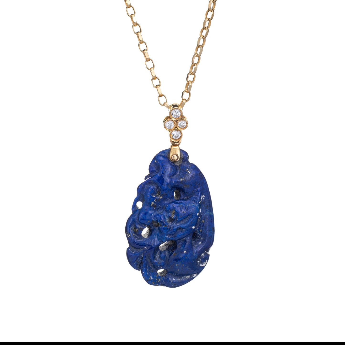 Carved Lapis Lazuli Necklace Diamond Vintage 14k Yellow Gold Estate Fine Jewelry
