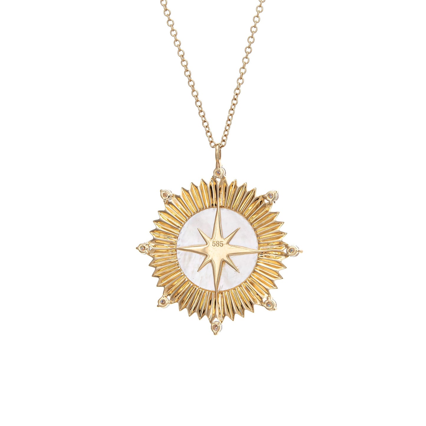 Diamond Compass Necklace Estate 14k Yellow Gold White Enamel Star Travel