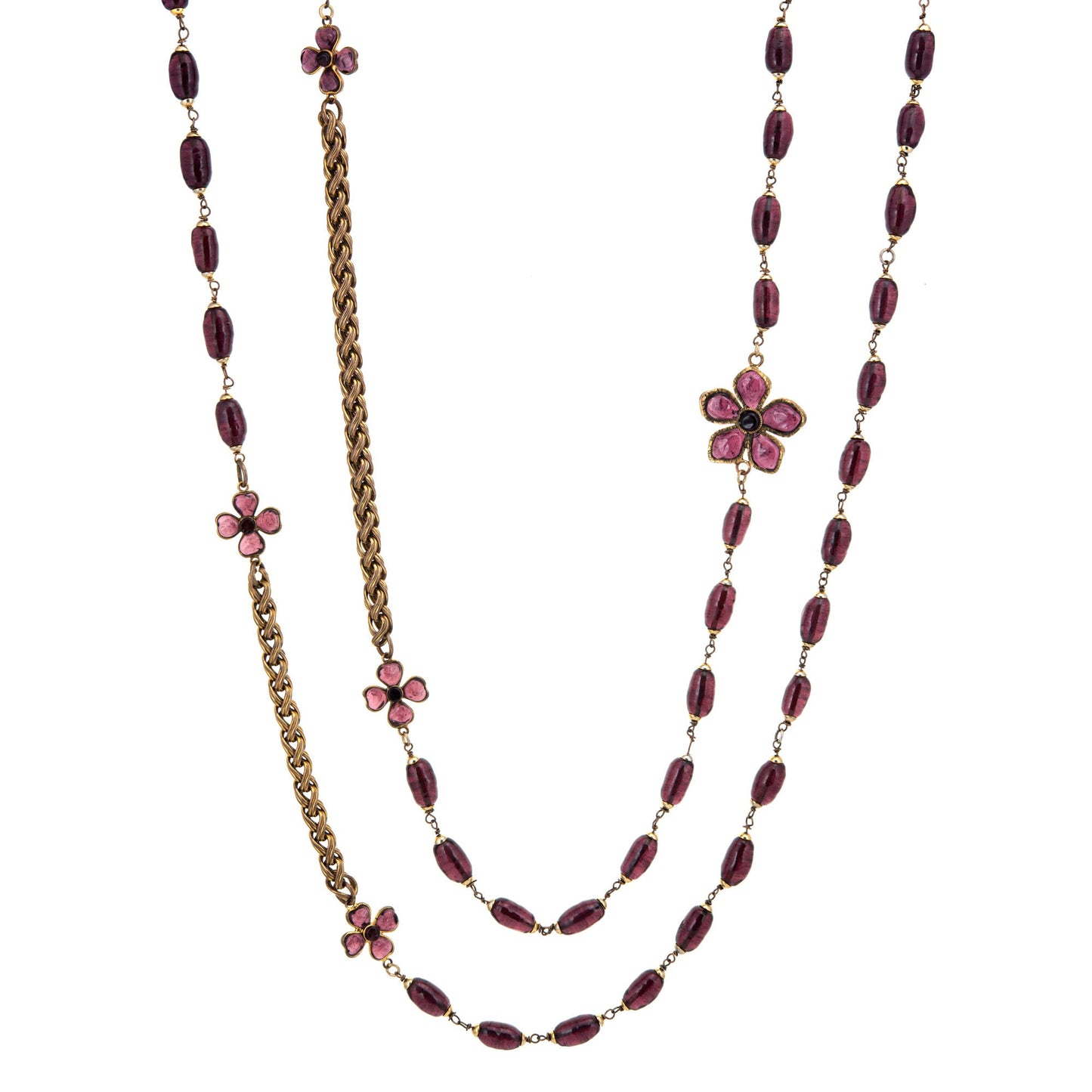 c1981 Ultra Long 105 Vintage Chanel Flower Necklace Purple Glass Beads