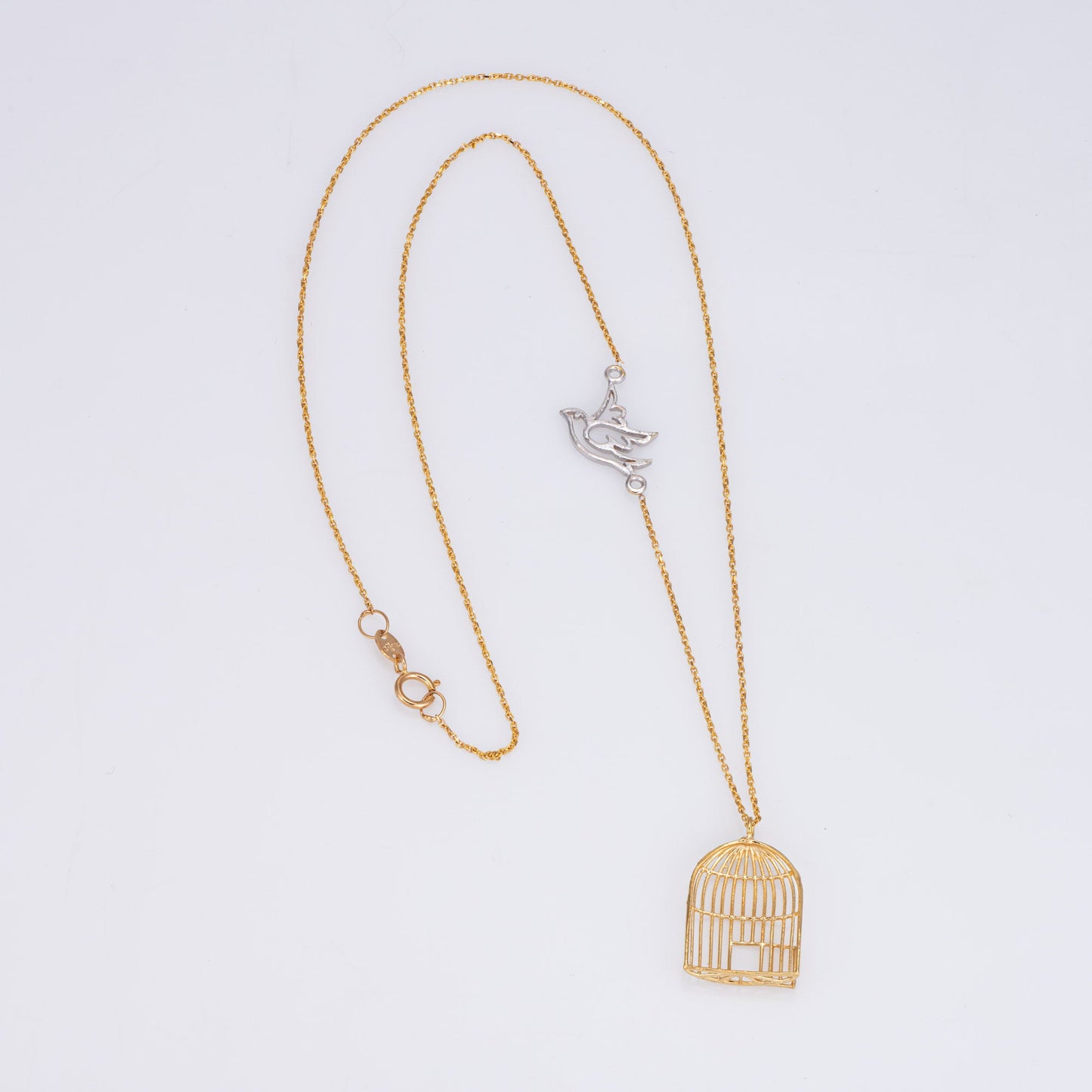 Bird Flying From Cage Necklace Estate 18k Yellow Gold 18 Chain Fine Jewelry