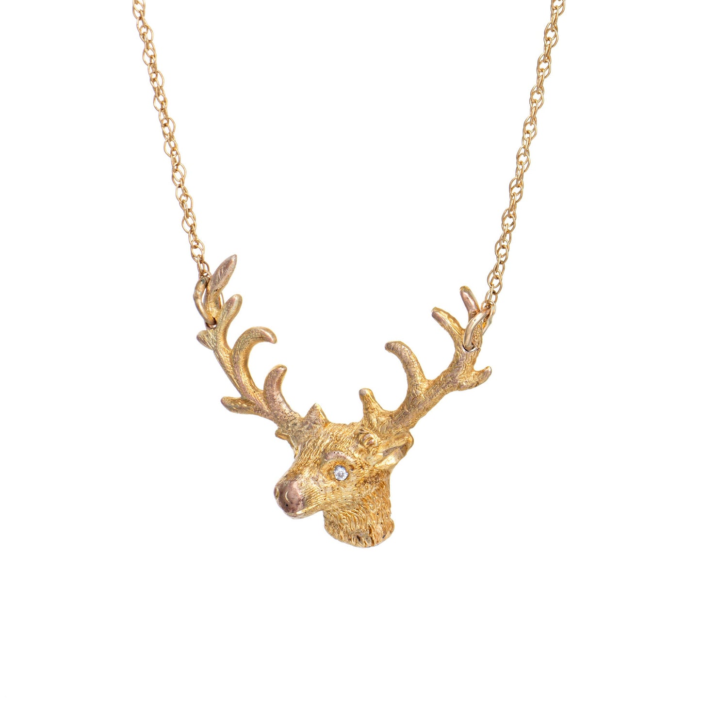 Deer Antler Bust Necklace Vintage 14k Gold Diamond 19 Chain Animal Jewelry