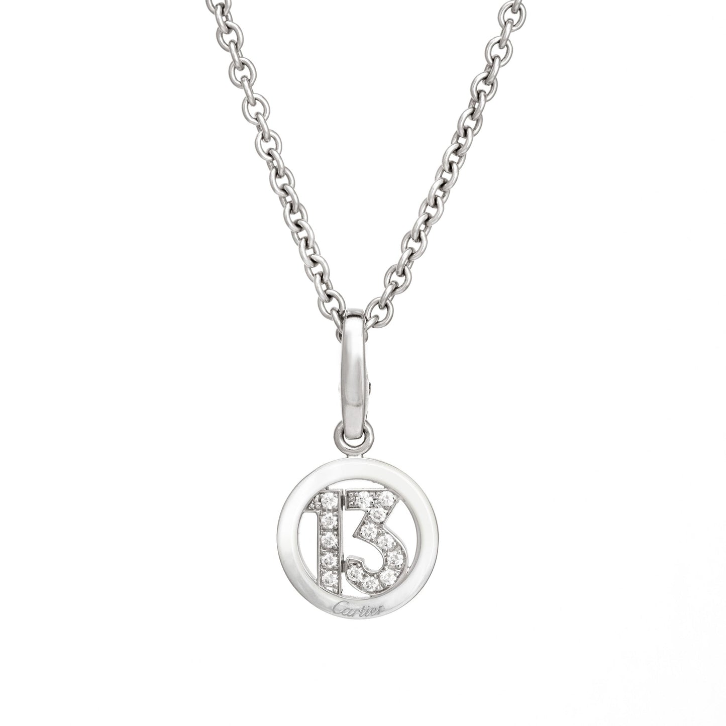 Cartier Diamond 13 Charm & Necklace Estate 18k White Gold 17 Chain Fine Jewelry