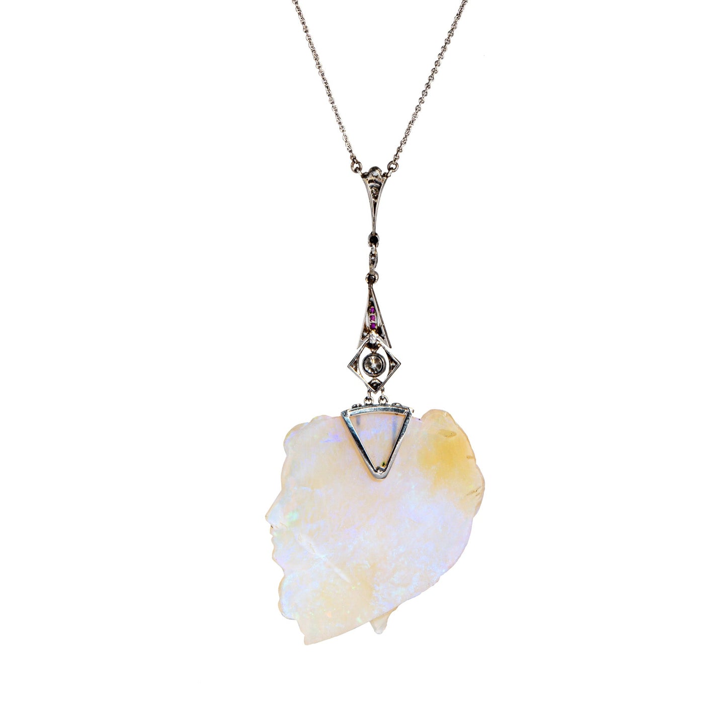 Antique Edwardian Carved Opal Cameo Necklace Platinum Diamond 15 Choker