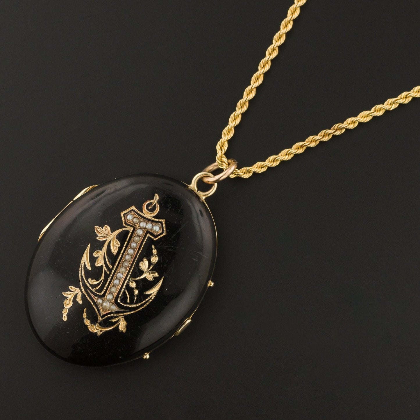 Antique Anchor Locket | Antique Black Enamel Locket