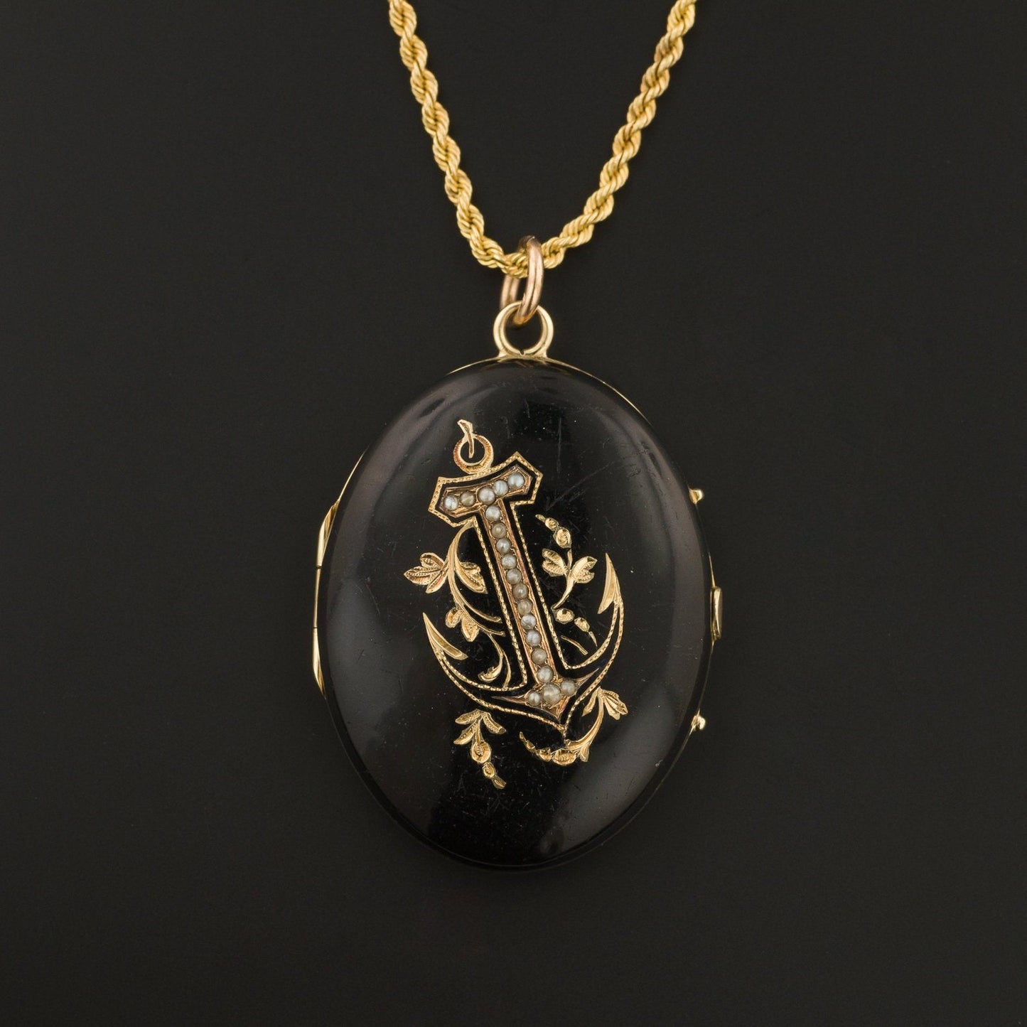 Antique Anchor Locket | Antique Black Enamel Locket
