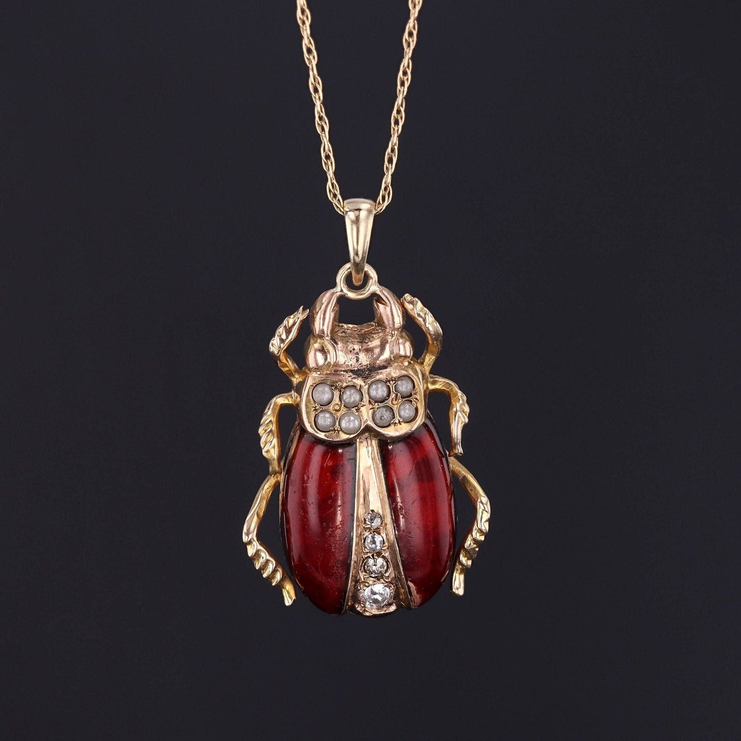 Antique Beetle Pendant | 10k Gold & Enamel Pendant on Optional 14k Chain