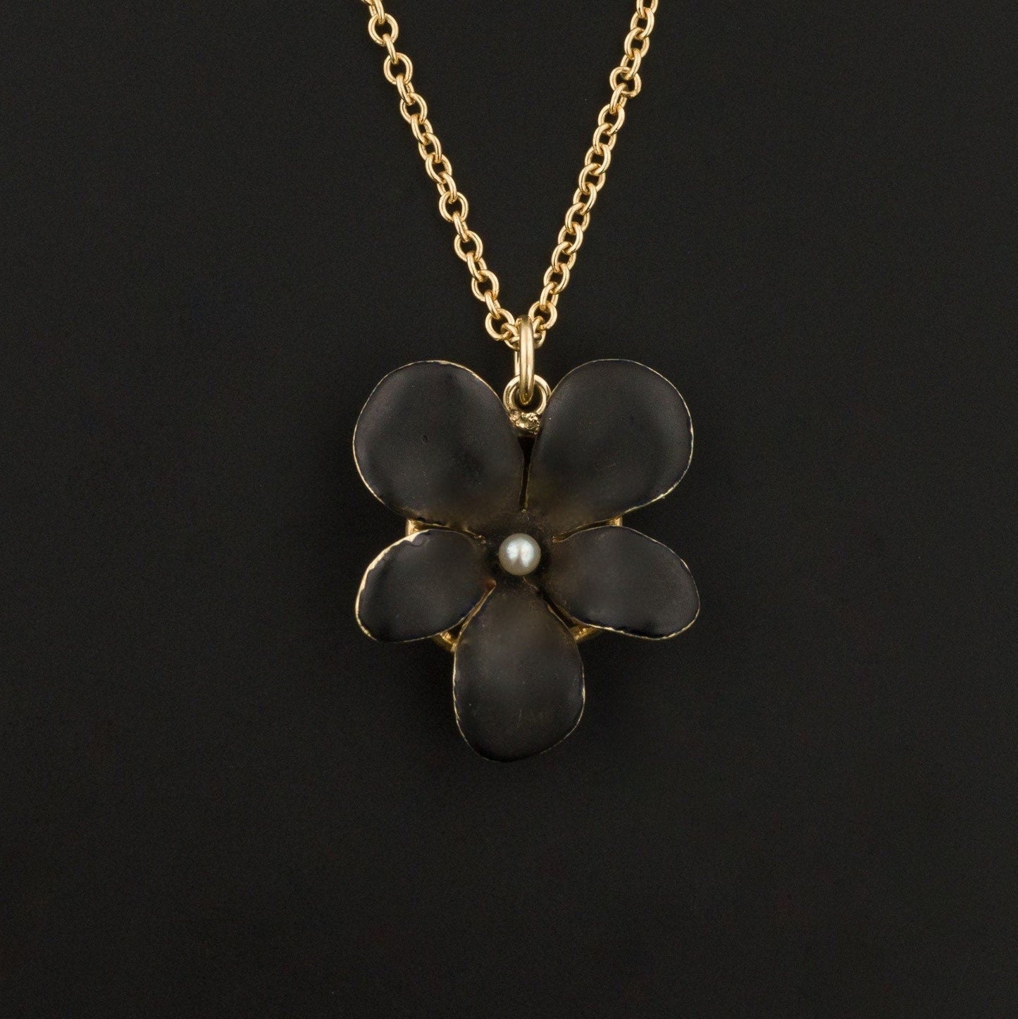 Antique Black Enamel Violet Pendant of 14k Gold