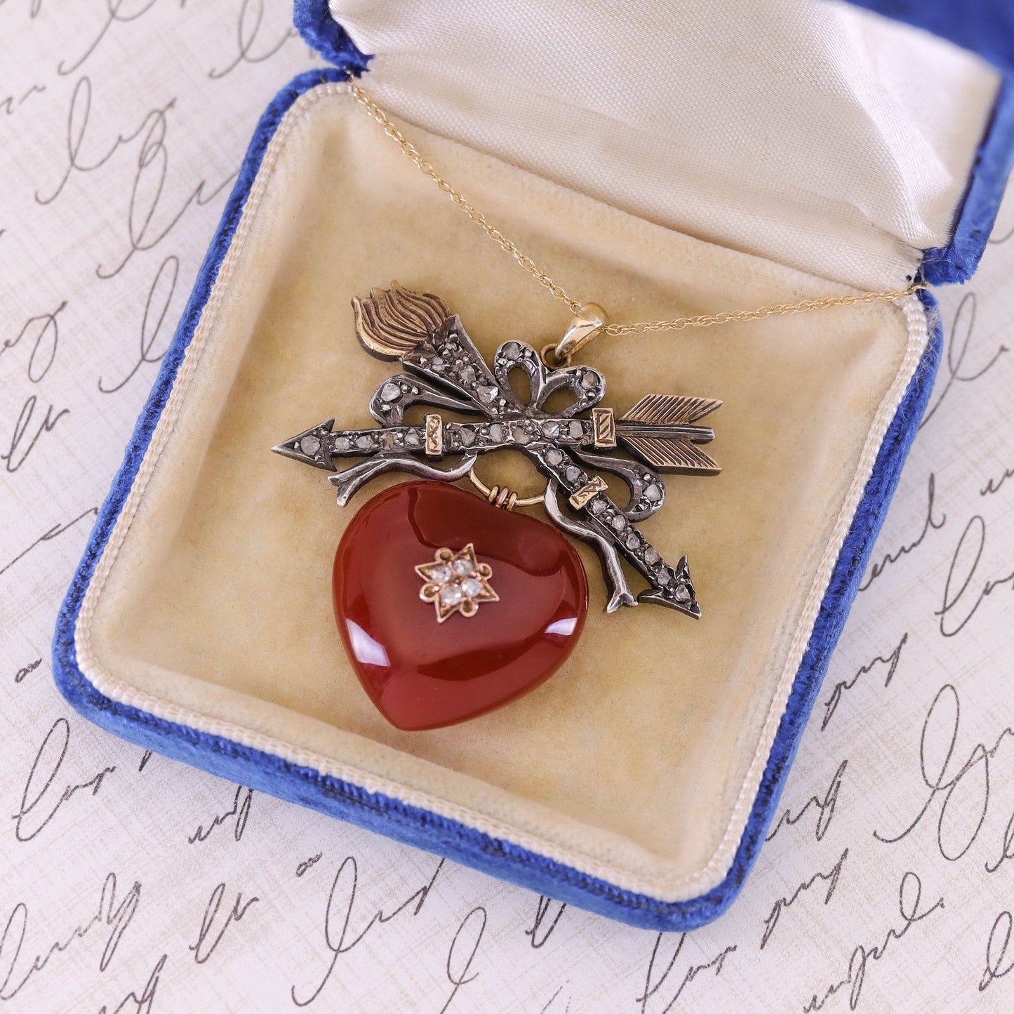 Antique Carnelian Heart Necklace of Silver and Gold