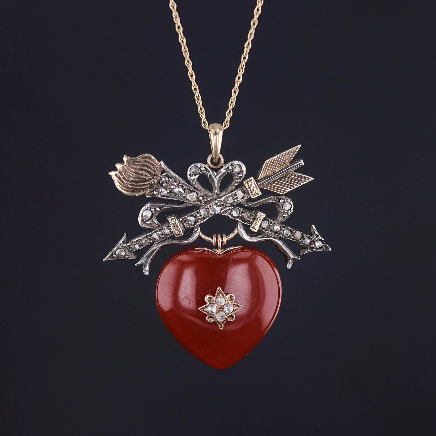 Antique Carnelian Heart Necklace of Silver and Gold