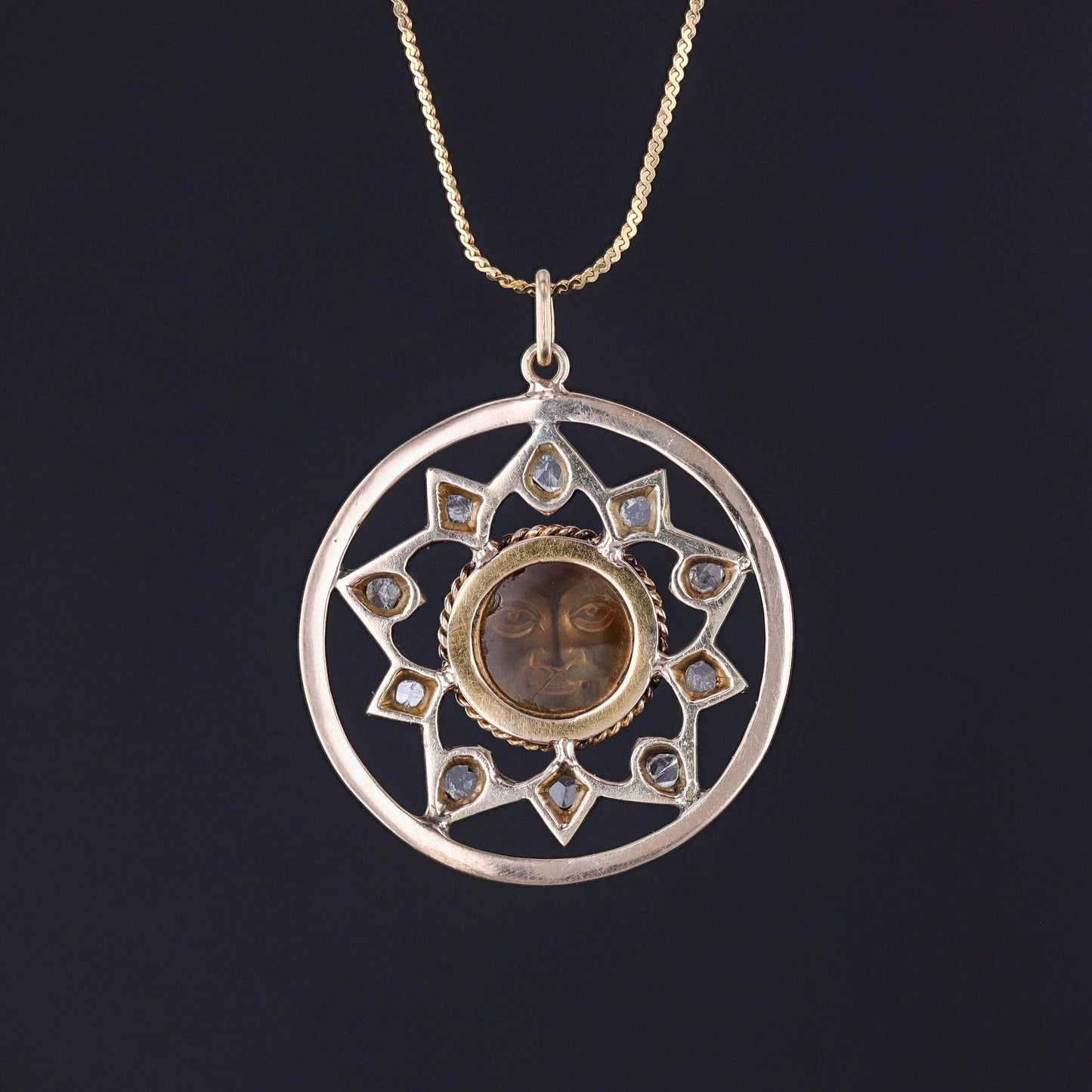Antique Carved Citrine Sun Conversion Pendant of 10k Gold