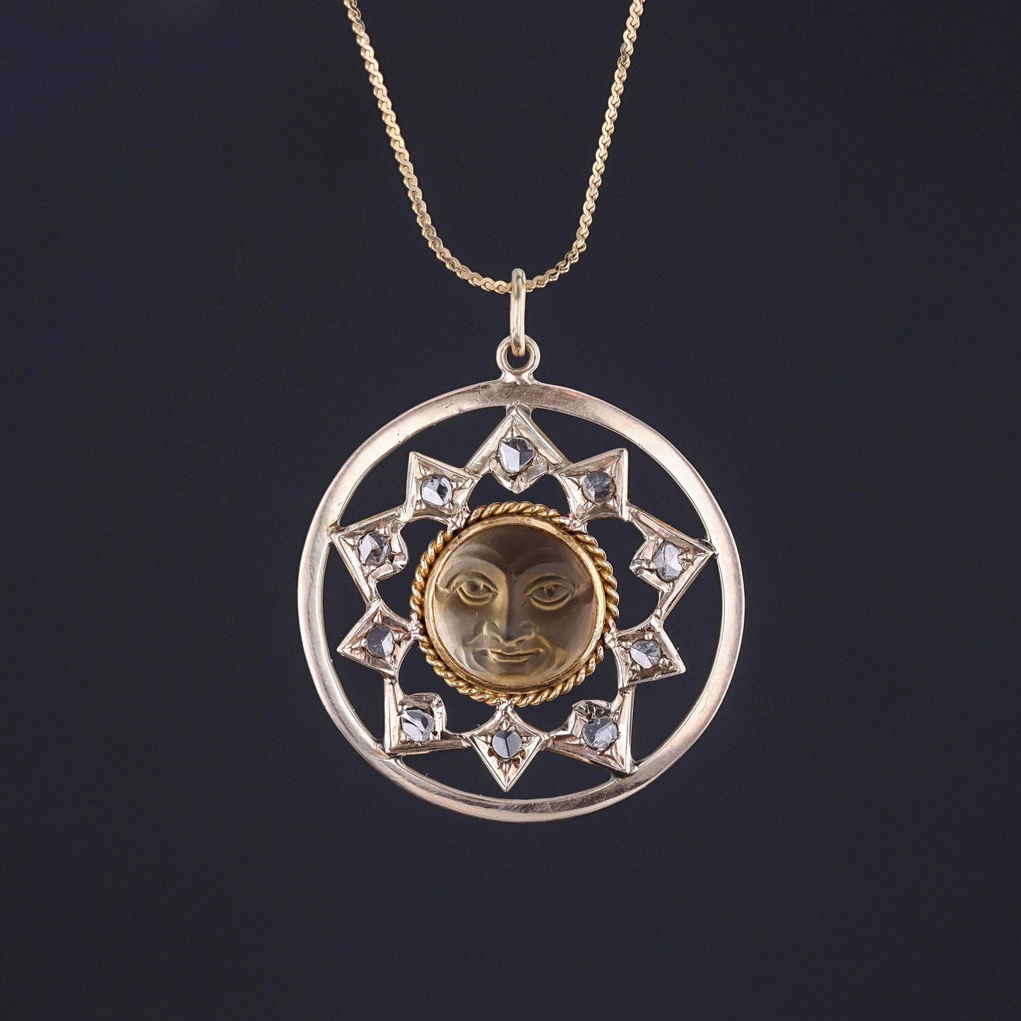 Antique Carved Citrine Sun Conversion Pendant of 10k Gold