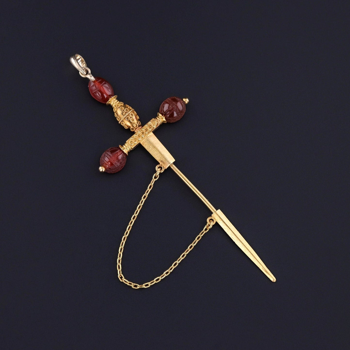 Antique Carnelian Jabot Pin Sword Pendant of 22k Gold
