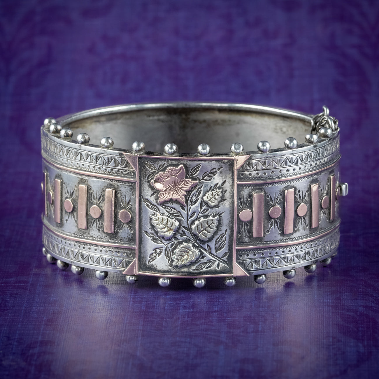 Antique Victorian Floral Cuff Bangle Silver Gold