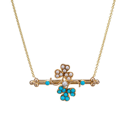Antique Victorian Shamrock Necklace Conversion Turquoise Pearl 14k Yellow Gold