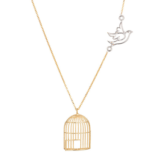 Bird Flying From Cage Necklace Estate 18k Yellow Gold 18 Chain Fine Jewelry
