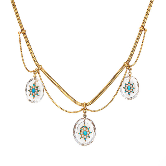 Antique Victorian Rock Crystal Necklace Howell James Co 14k Gold Turquoise Case
