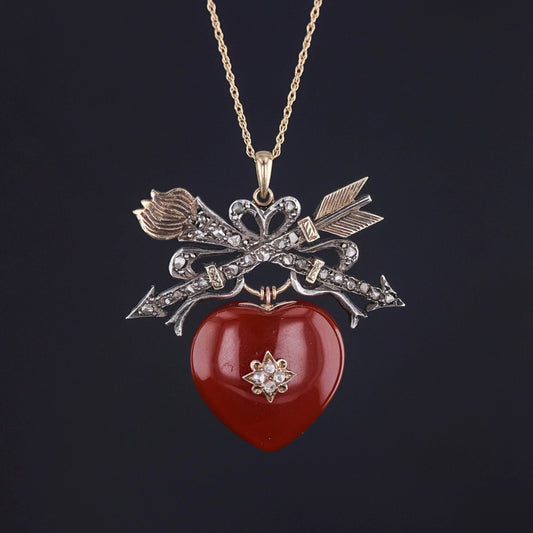 Antique Carnelian Heart Necklace of Silver and Gold