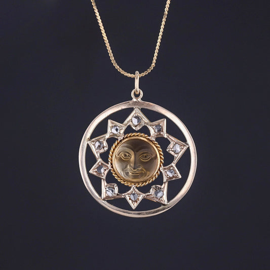 Antique Carved Citrine Sun Conversion Pendant of 10k Gold