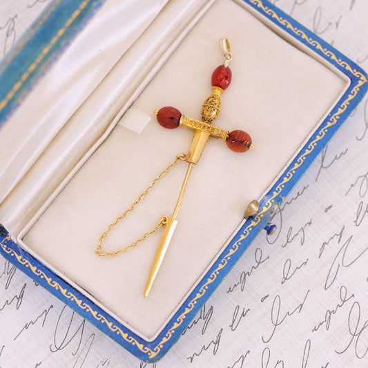 Antique Carnelian Jabot Pin Sword Pendant of 22k Gold